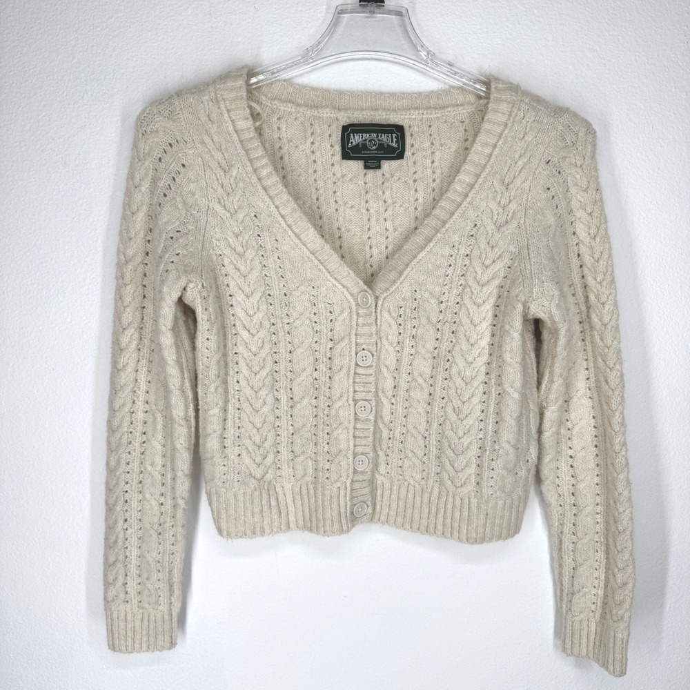 American Eagle Women Cable Knit Pointelle Button Crop Cardigan Sweater Medium